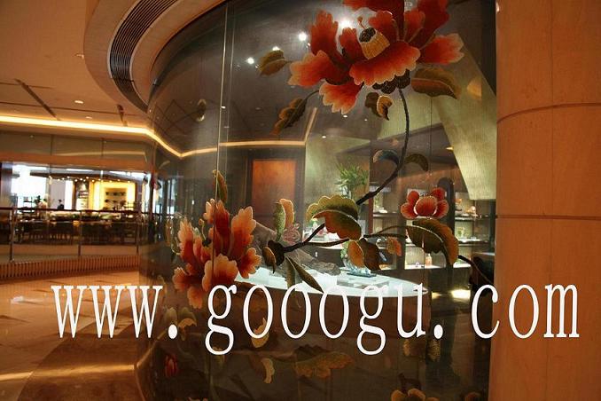 琉璃工坊，琉璃工房，網(wǎng)格繡，手工雙面繡隔斷，牡丹線條刺繡