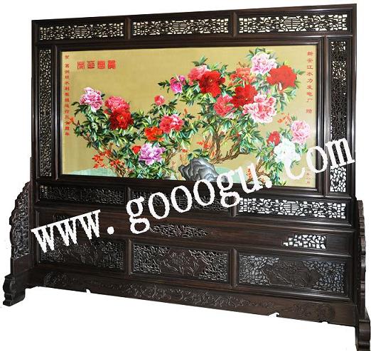 葛洲壩水利工程大廳屏風：蘇繡屏風，嬌古蘇繡，榮華富貴屏風